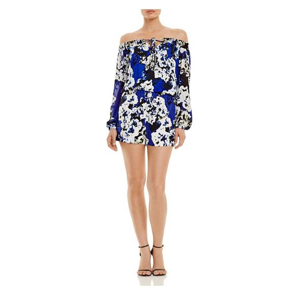 PARKER Womens Blue Printed Long Sleeve Off Shoulder Romper...